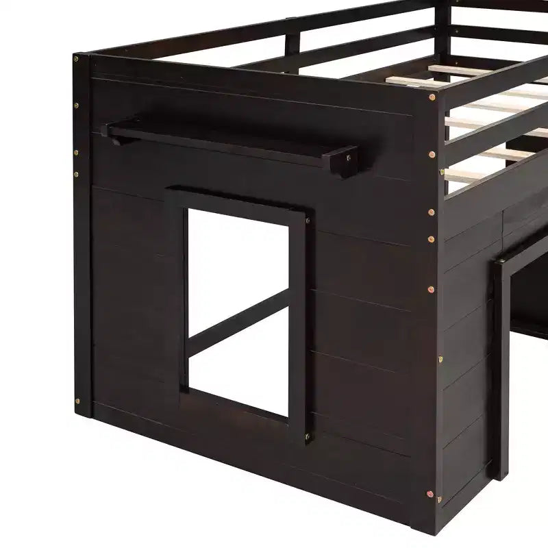 Lit mezzanine double au design moderne avec armoire et étagère, conçu pour votre sécurité