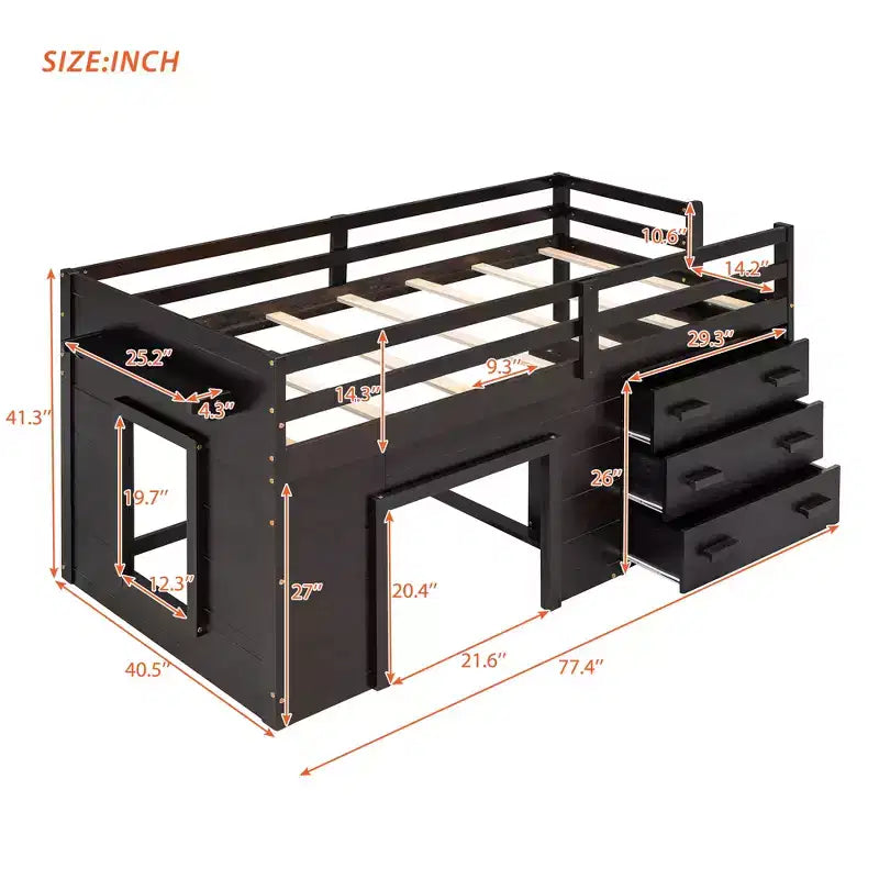 Lit mezzanine double au design moderne avec armoire et étagère, conçu pour votre sécurité