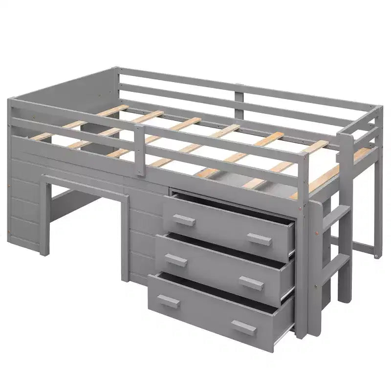 Lit mezzanine double au design moderne avec armoire et étagère, conçu pour votre sécurité