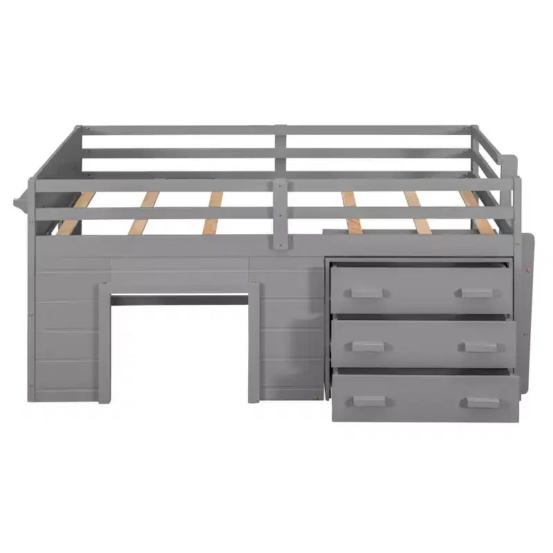 Lit mezzanine double au design moderne avec armoire et étagère, conçu pour votre sécurité