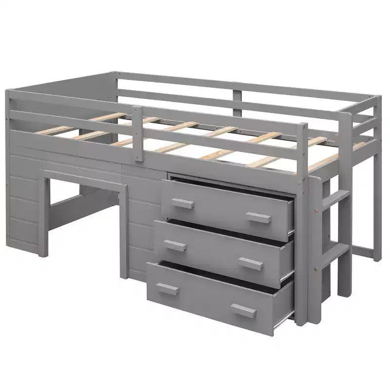 Lit mezzanine double au design moderne avec armoire et étagère, conçu pour votre sécurité