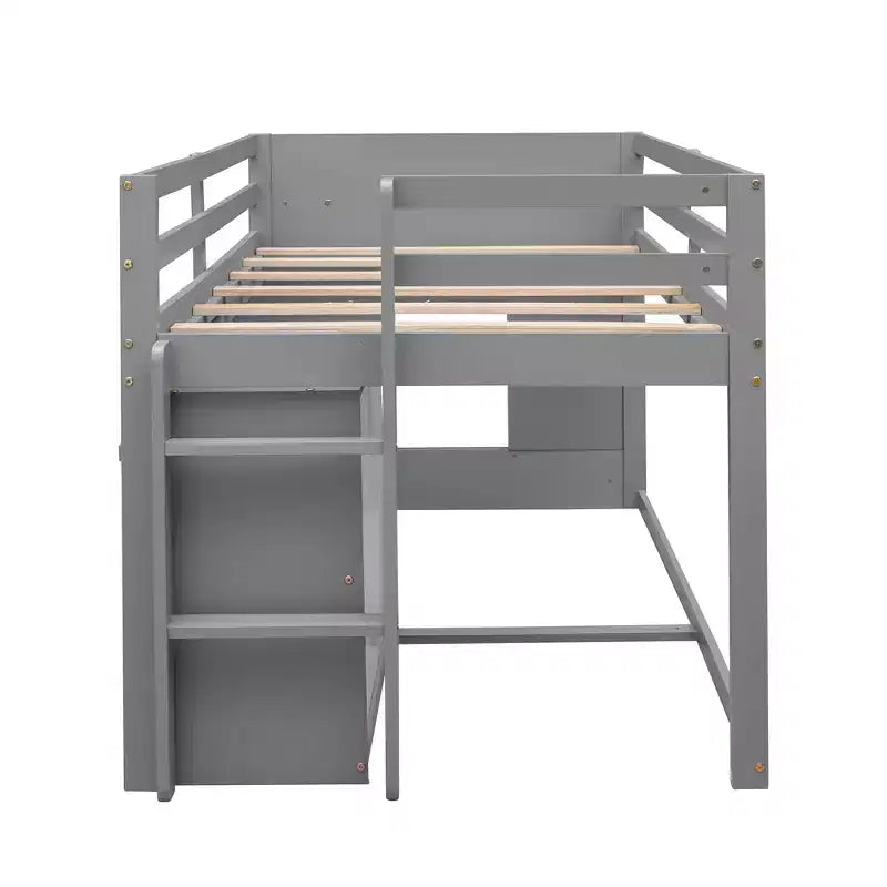 Lit mezzanine double au design moderne avec armoire et étagère, conçu pour votre sécurité