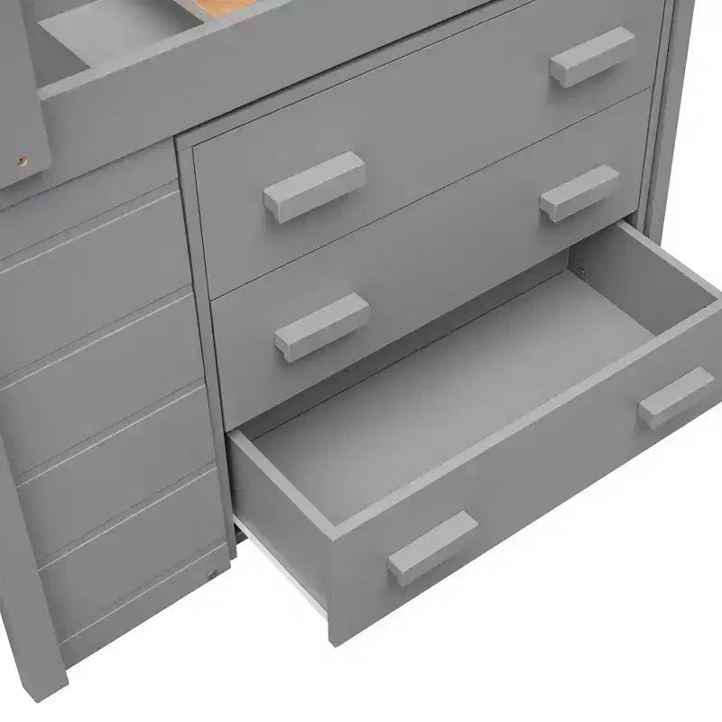 Lit mezzanine double au design moderne avec armoire et étagère, conçu pour votre sécurité