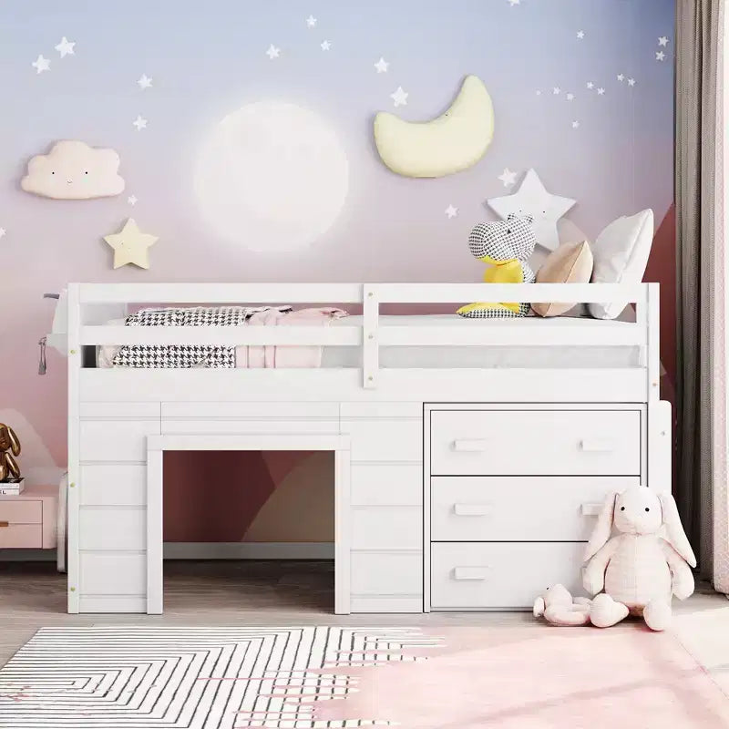 Lit mezzanine double au design moderne avec armoire et étagère, conçu pour votre sécurité