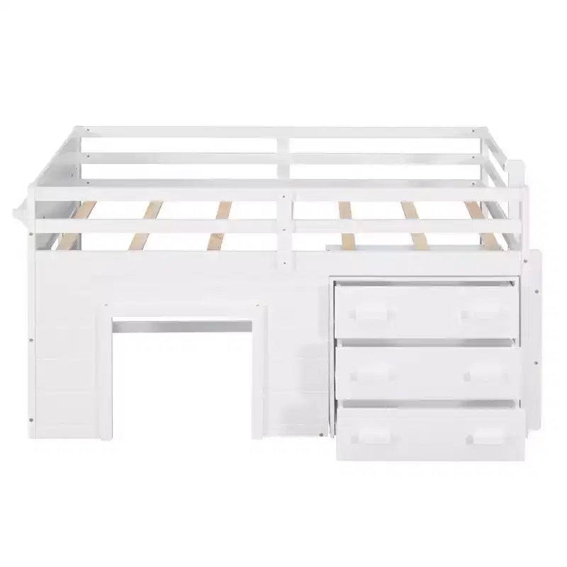 Lit mezzanine double au design moderne avec armoire et étagère, conçu pour votre sécurité