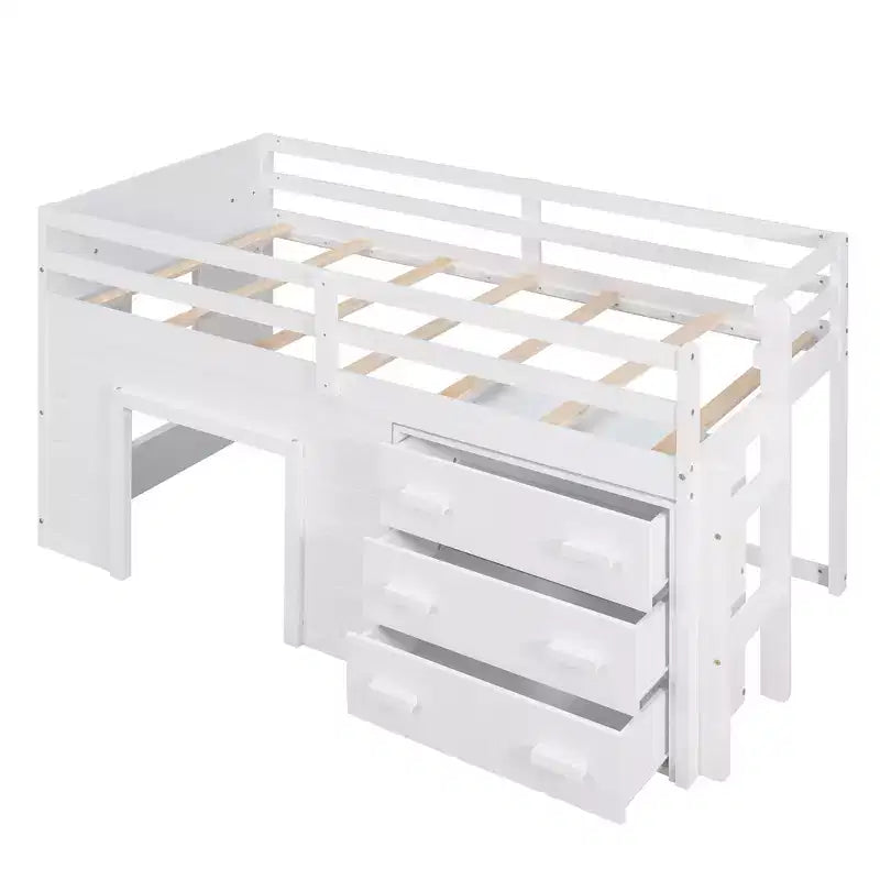 Lit mezzanine double au design moderne avec armoire et étagère, conçu pour votre sécurité