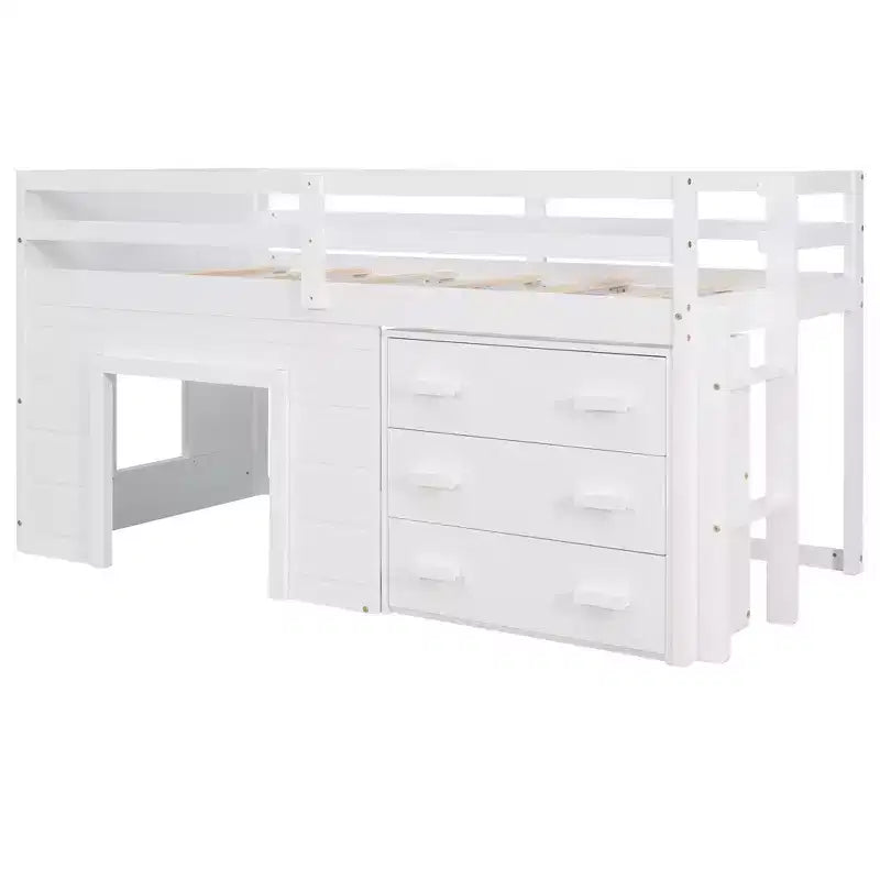 Lit mezzanine double au design moderne avec armoire et étagère, conçu pour votre sécurité