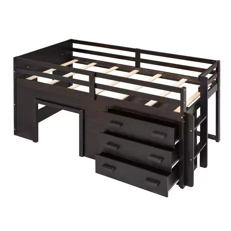 Lit mezzanine double au design moderne avec armoire et étagère, conçu pour votre sécurité