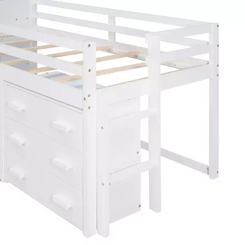 Lit mezzanine double au design moderne avec armoire et étagère, conçu pour votre sécurité