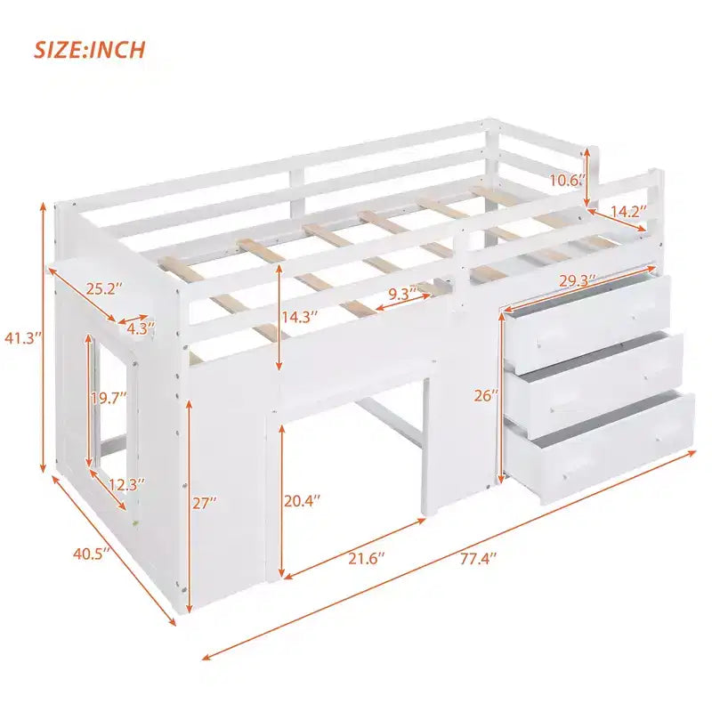 Lit mezzanine double au design moderne avec armoire et étagère, conçu pour votre sécurité