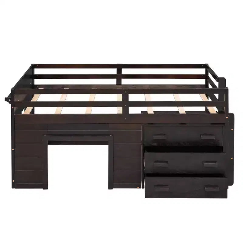 Lit mezzanine double au design moderne avec armoire et étagère, conçu pour votre sécurité