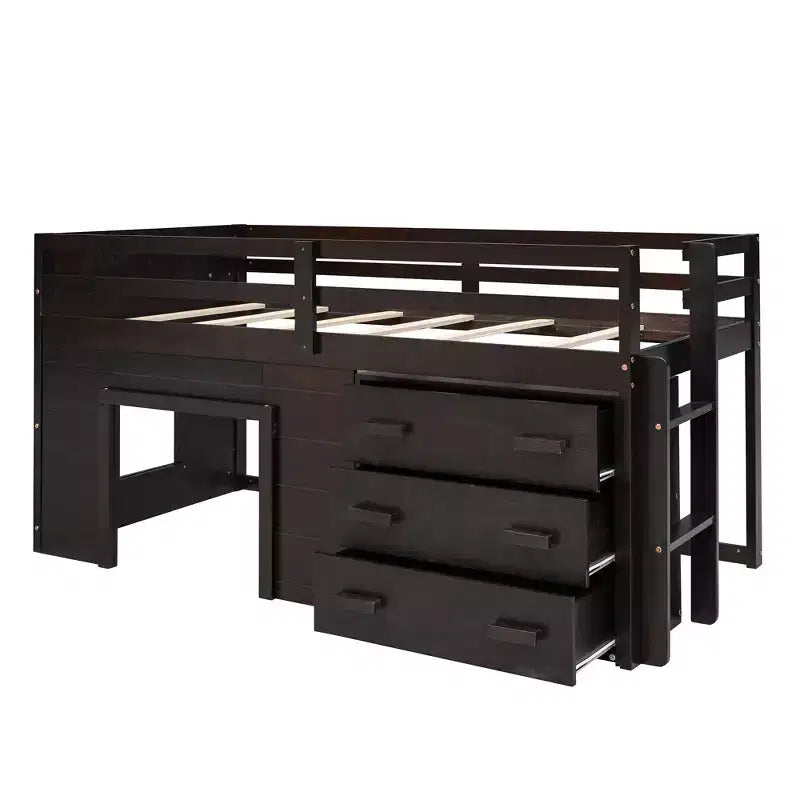 Lit mezzanine double au design moderne avec armoire et étagère, conçu pour votre sécurité