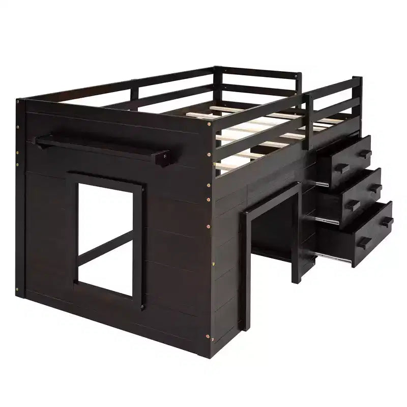 Lit mezzanine double au design moderne avec armoire et étagère, conçu pour votre sécurité
