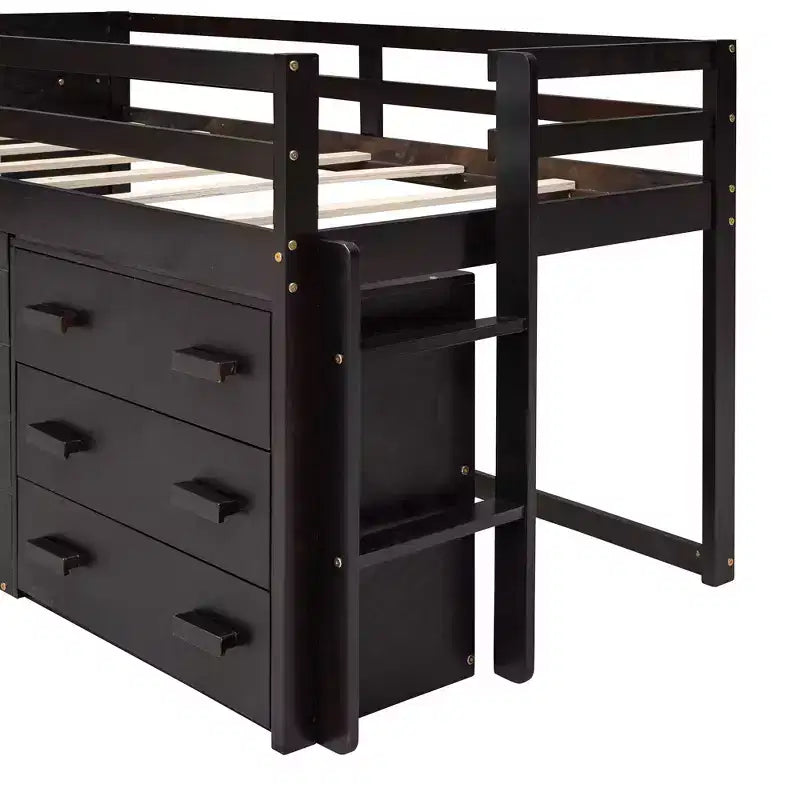 Lit mezzanine double au design moderne avec armoire et étagère, conçu pour votre sécurité
