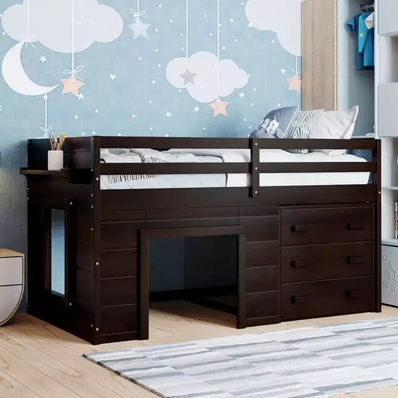 Lit mezzanine double au design moderne avec armoire et étagère, conçu pour votre sécurité