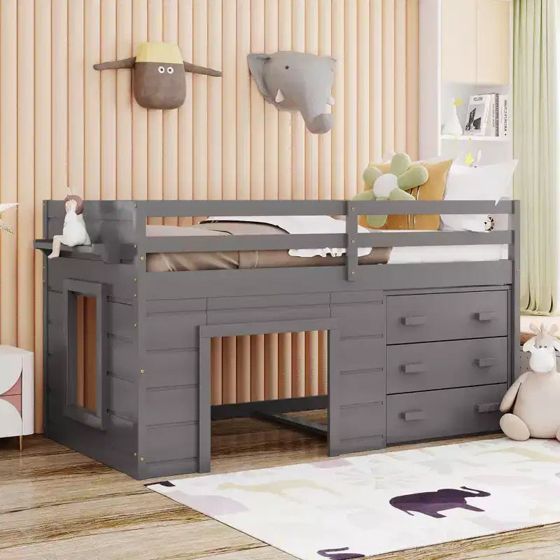 Lit mezzanine double au design moderne avec armoire et étagère, conçu pour votre sécurité