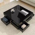 Modern High Gloss Coffee Table with 4 Drawers, Multi-Storage Square Cocktail Tea Table, Wood Grain Legs, 31.5x31.5', Black