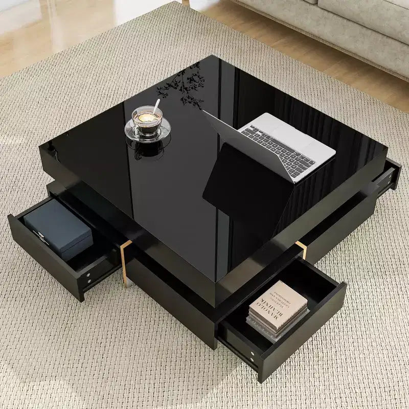 Modern High Gloss Coffee Table with 4 Drawers, Multi-Storage Square Cocktail Tea Table, Wood Grain Legs, 31.5x31.5', Black