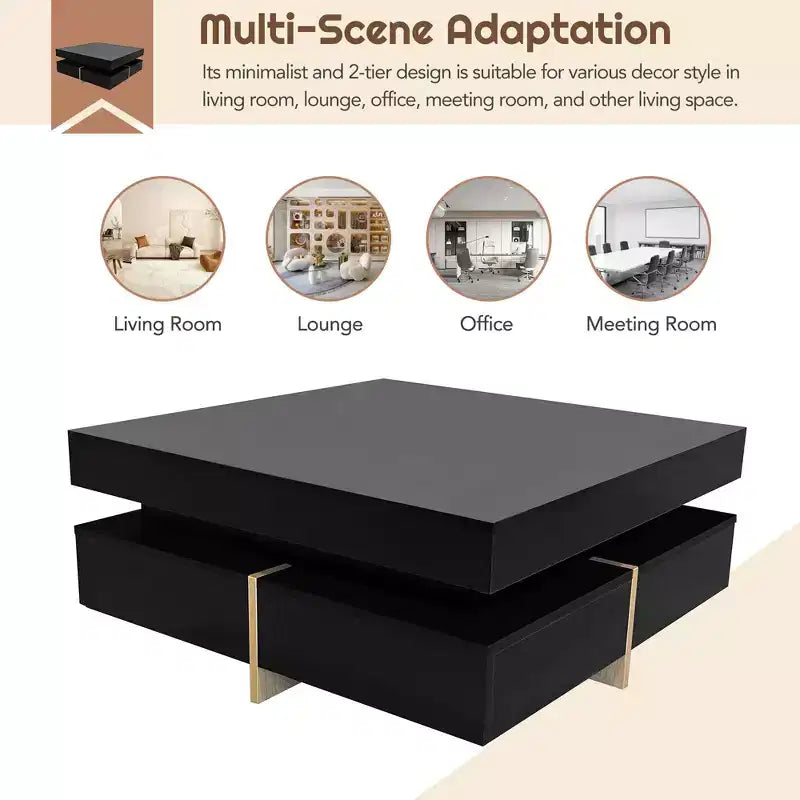 Table basse moderne très brillante avec 4 tiroirs, table de salon carrée à rangements multiples, pieds imitation bois, 80x80 cm, noir
