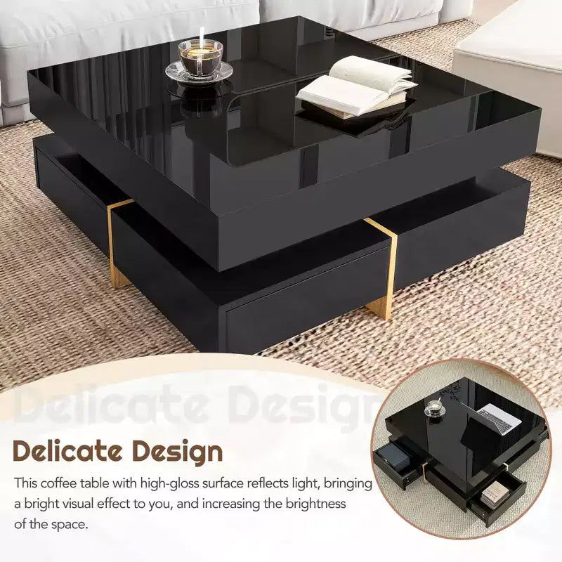 Table basse moderne très brillante avec 4 tiroirs, table de salon carrée à rangements multiples, pieds imitation bois, 80x80 cm, noir
