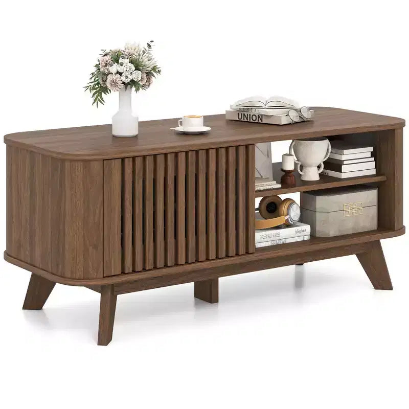 Table basse avec rangement, étagères réglables et 2 portes, table basse en bois