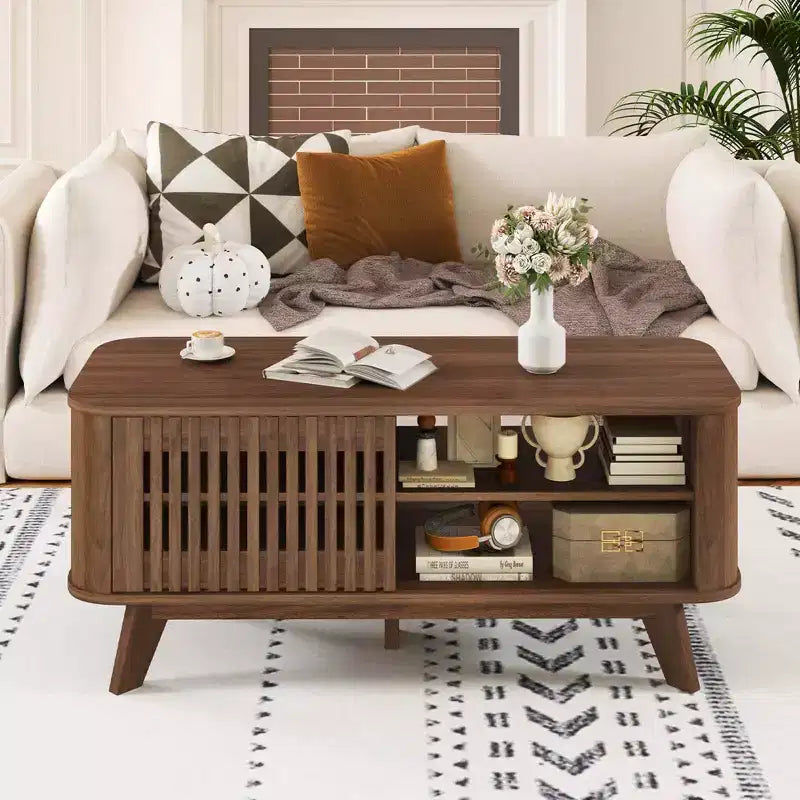 Table basse avec rangement, étagères réglables et 2 portes, table basse en bois