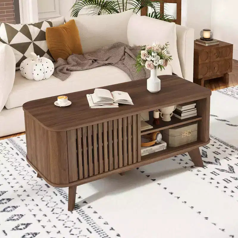 Table basse avec rangement, étagères réglables et 2 portes, table basse en bois