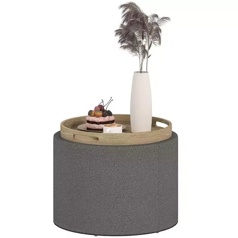 Table basse ottomane de rangement avec plateau relevable et espace de rangement, repose-pieds rond avec revêtement en tissu façon lin