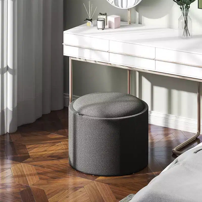 Table basse ottomane de rangement avec plateau relevable et espace de rangement, repose-pieds rond avec revêtement en tissu façon lin