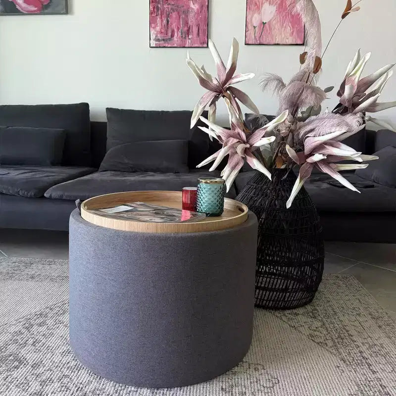 Table basse ottomane de rangement avec plateau relevable et espace de rangement, repose-pieds rond avec revêtement en tissu façon lin