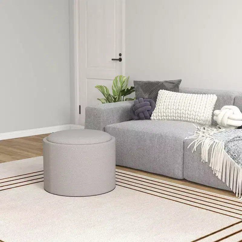 Table basse ottomane de rangement avec plateau relevable et espace de rangement, repose-pieds rond avec revêtement en tissu façon lin