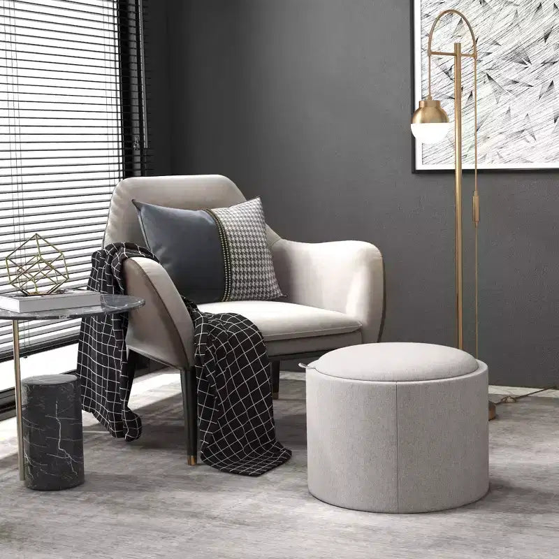 Table basse ottomane de rangement avec plateau relevable et espace de rangement, repose-pieds rond avec revêtement en tissu façon lin