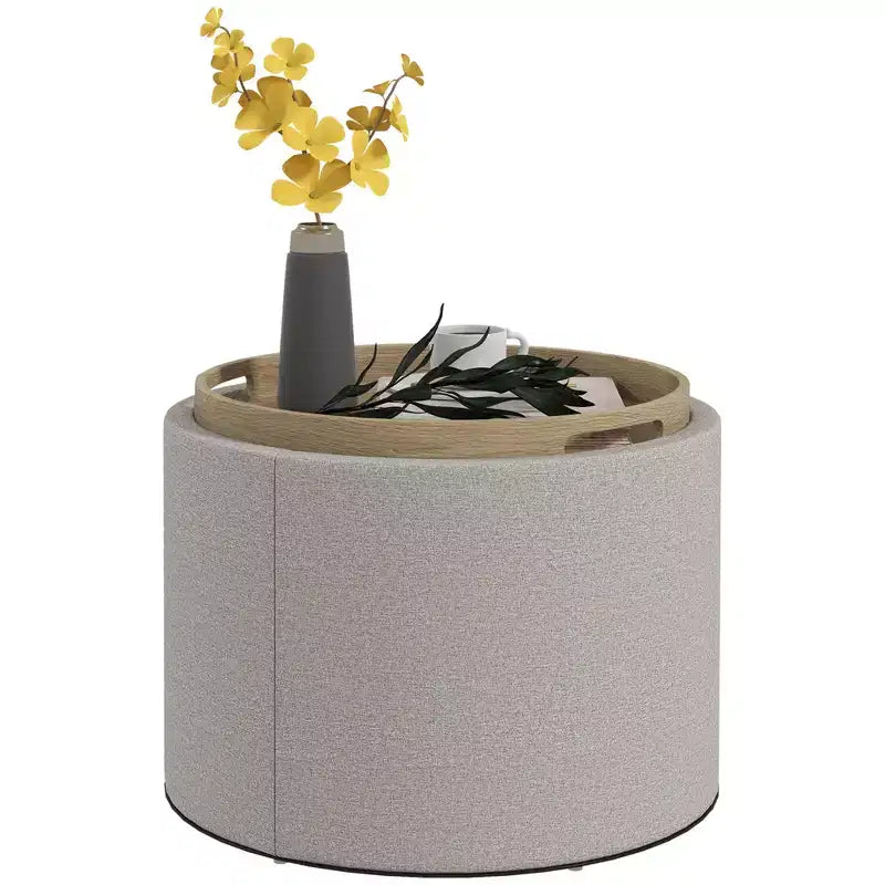 Table basse ottomane de rangement avec plateau relevable et espace de rangement, repose-pieds rond avec revêtement en tissu façon lin