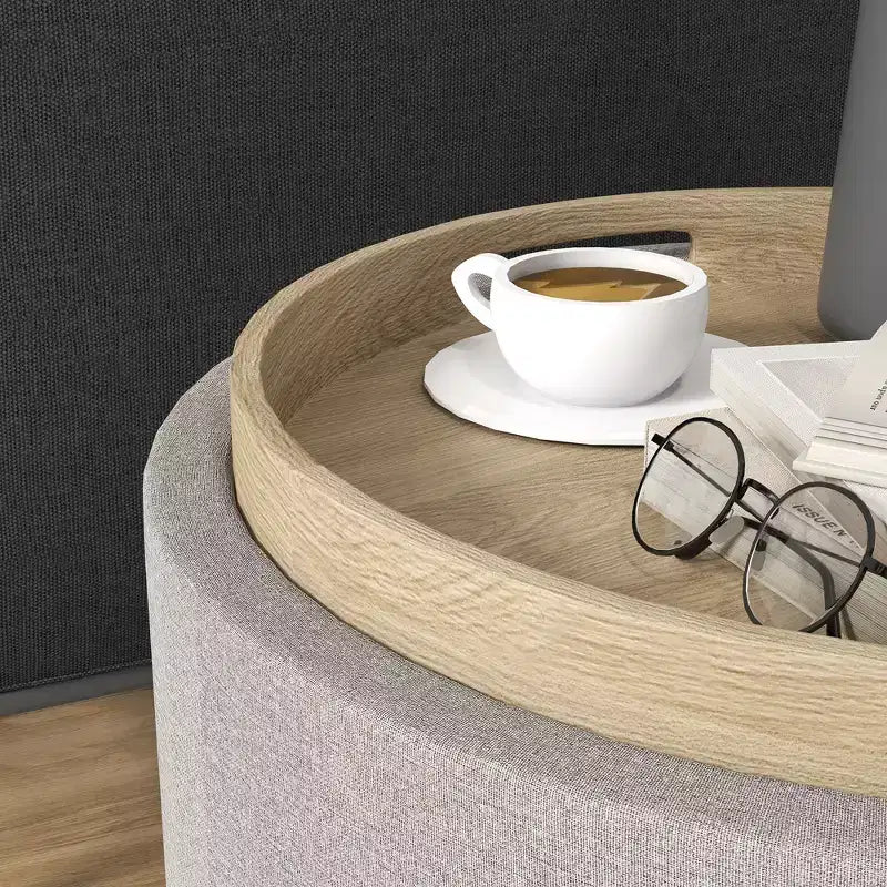 Table basse ottomane de rangement avec plateau relevable et espace de rangement, repose-pieds rond avec revêtement en tissu façon lin