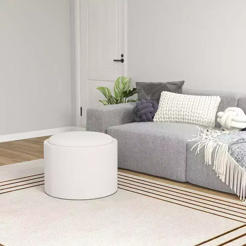 Table basse ottomane de rangement avec plateau relevable et espace de rangement, repose-pieds rond avec revêtement en tissu façon lin