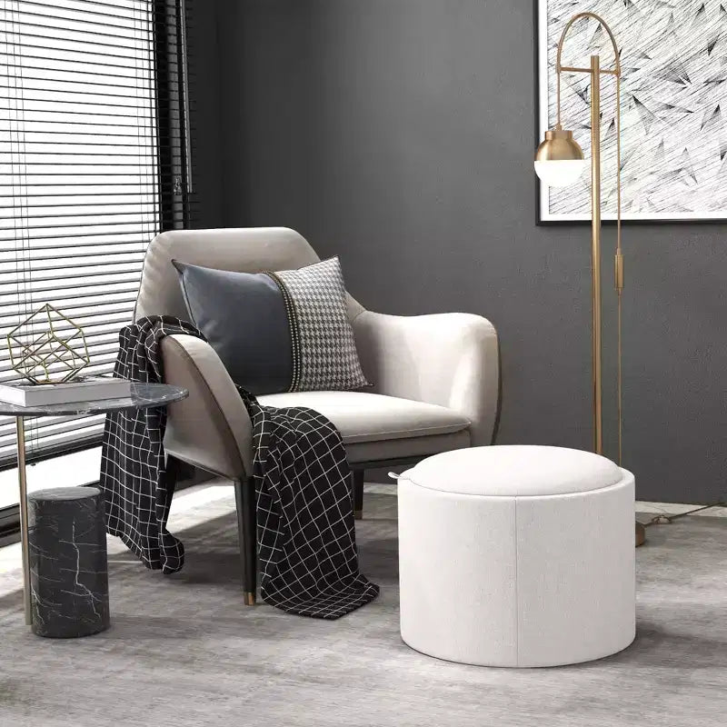 Table basse ottomane de rangement avec plateau relevable et espace de rangement, repose-pieds rond avec revêtement en tissu façon lin