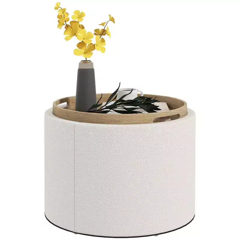 Table basse ottomane de rangement avec plateau relevable et espace de rangement, repose-pieds rond avec revêtement en tissu façon lin
