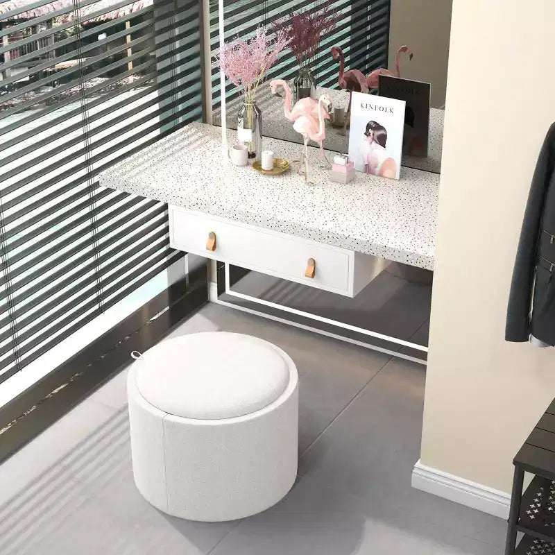 Table basse ottomane de rangement avec plateau relevable et espace de rangement, repose-pieds rond avec revêtement en tissu façon lin