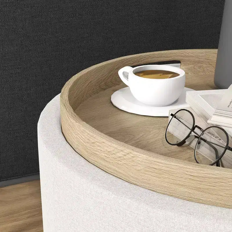 Table basse ottomane de rangement avec plateau relevable et espace de rangement, repose-pieds rond avec revêtement en tissu façon lin