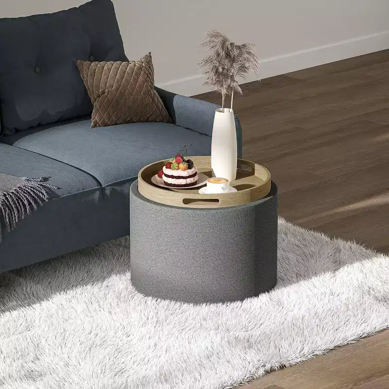 Table basse ottomane de rangement avec plateau relevable et espace de rangement, repose-pieds rond avec revêtement en tissu façon lin