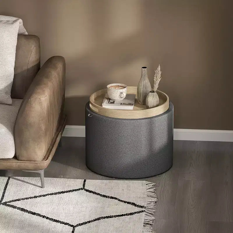 Table basse ottomane de rangement avec plateau relevable et espace de rangement, repose-pieds rond avec revêtement en tissu façon lin