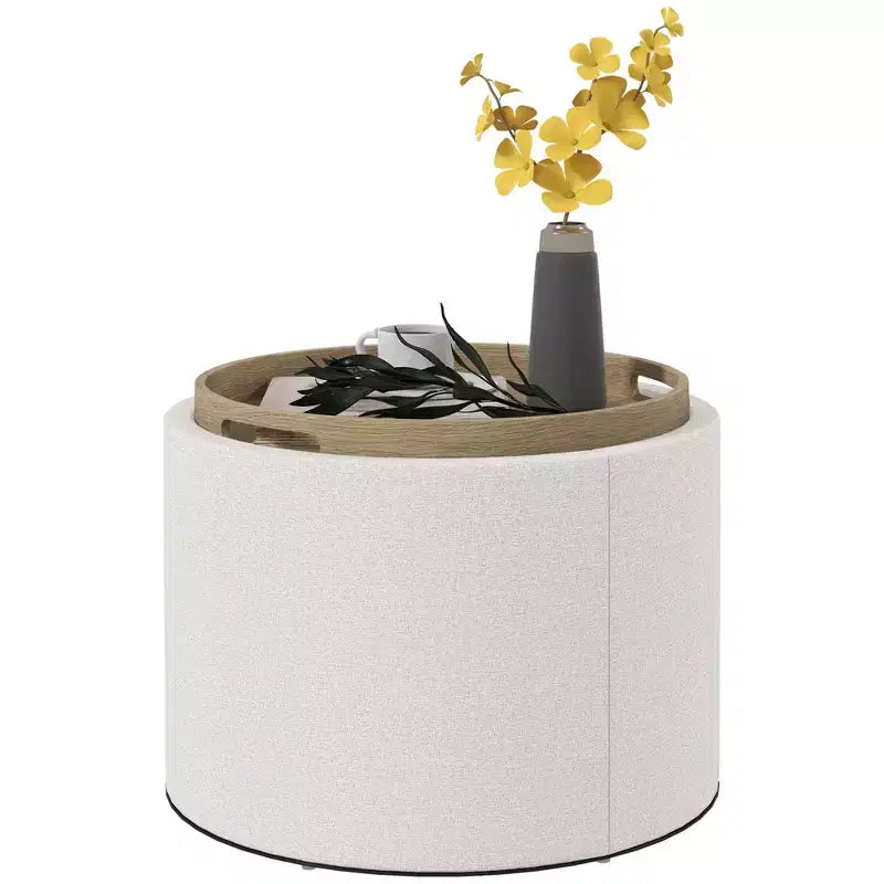 HOMCOM Storage Ottoman Coffee Table with Flip Top Tray and Hidden Space, Round Foot Stool with Linen-feel Fabric Upholstery