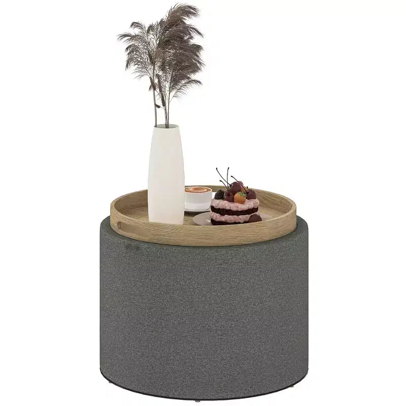 Table basse ottomane de rangement avec plateau relevable et espace de rangement, repose-pieds rond avec revêtement en tissu façon lin