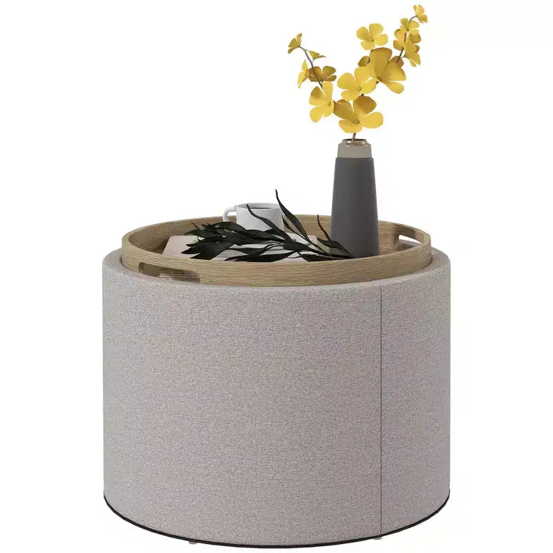 Table basse ottomane de rangement avec plateau relevable et espace de rangement, repose-pieds rond avec revêtement en tissu façon lin