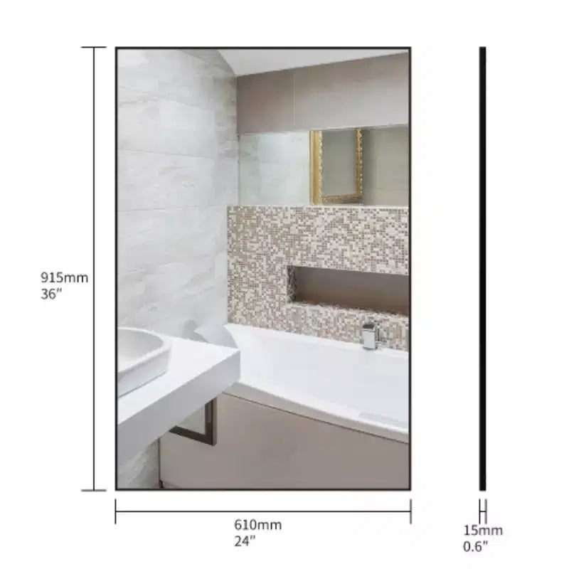 Miroir de salle de bain moderne noir 36x24 : Cadre en aluminium, Vertical/Horizontal, Décoratif
