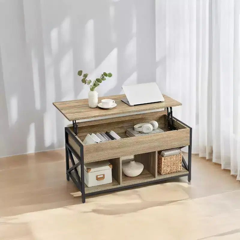 Table basse relevable avec compartiments cachés et étagère de rangement, 49,7 x 99,0 x (48,0-61,0) cm, table d'appoint relevable pour salon, bureau