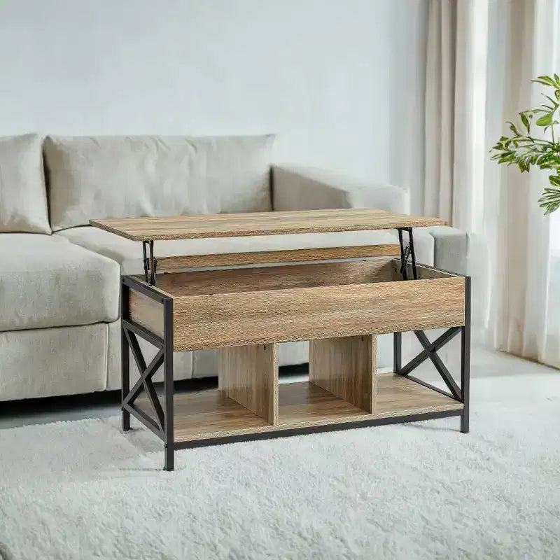 Table basse relevable avec compartiments cachés et étagère de rangement, 49,7 x 99,0 x (48,0-61,0) cm, table d'appoint relevable pour salon, bureau