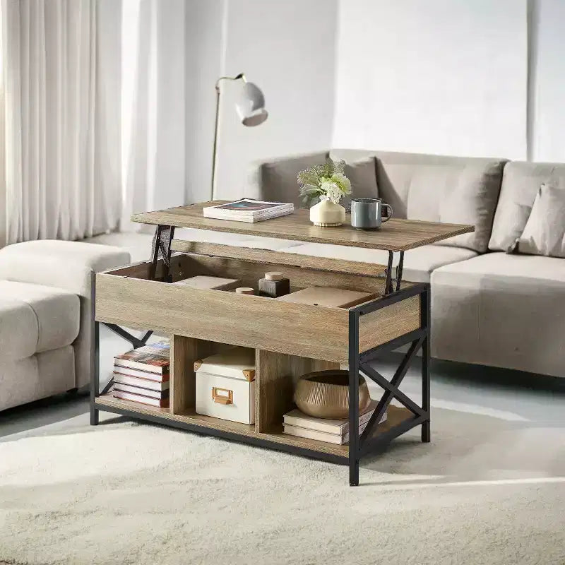 Table basse relevable avec compartiments cachés et étagère de rangement, 49,7 x 99,0 x (48,0-61,0) cm, table d'appoint relevable pour salon, bureau