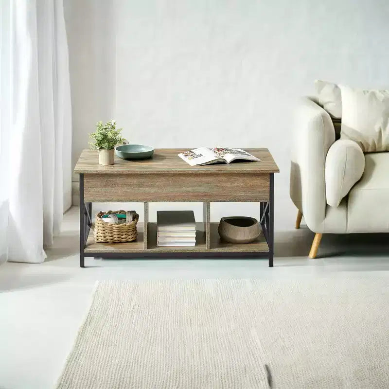 Table basse relevable avec compartiments cachés et étagère de rangement, 49,7 x 99,0 x (48,0-61,0) cm, table d'appoint relevable pour salon, bureau