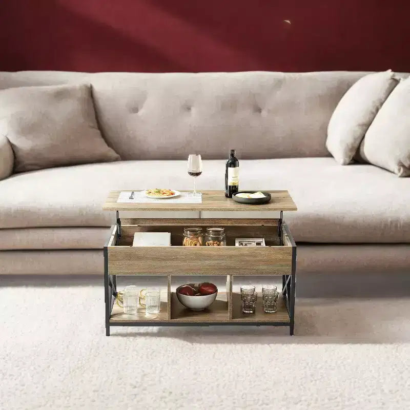 Table basse relevable avec compartiments cachés et étagère de rangement, 49,7 x 99,0 x (48,0-61,0) cm, table d'appoint relevable pour salon, bureau